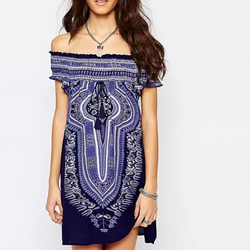 Sz M Band of Gypsies Coverup Smock Dress Off the Shoulder Blue Multiprint 861490